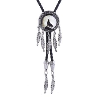 Wolf Head Bolo Tie with Feather